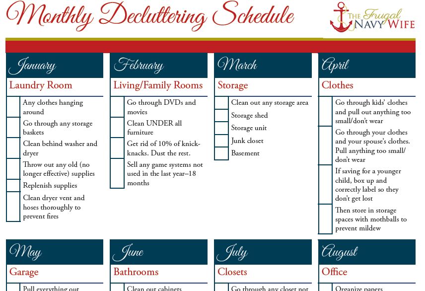 Monthly Declutering Cleaning Schedule printables