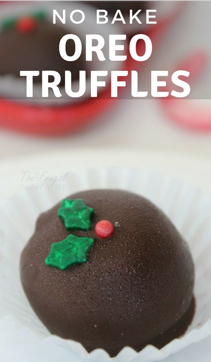 No bake chocolate covered oreo truffle candy with a holly design. 