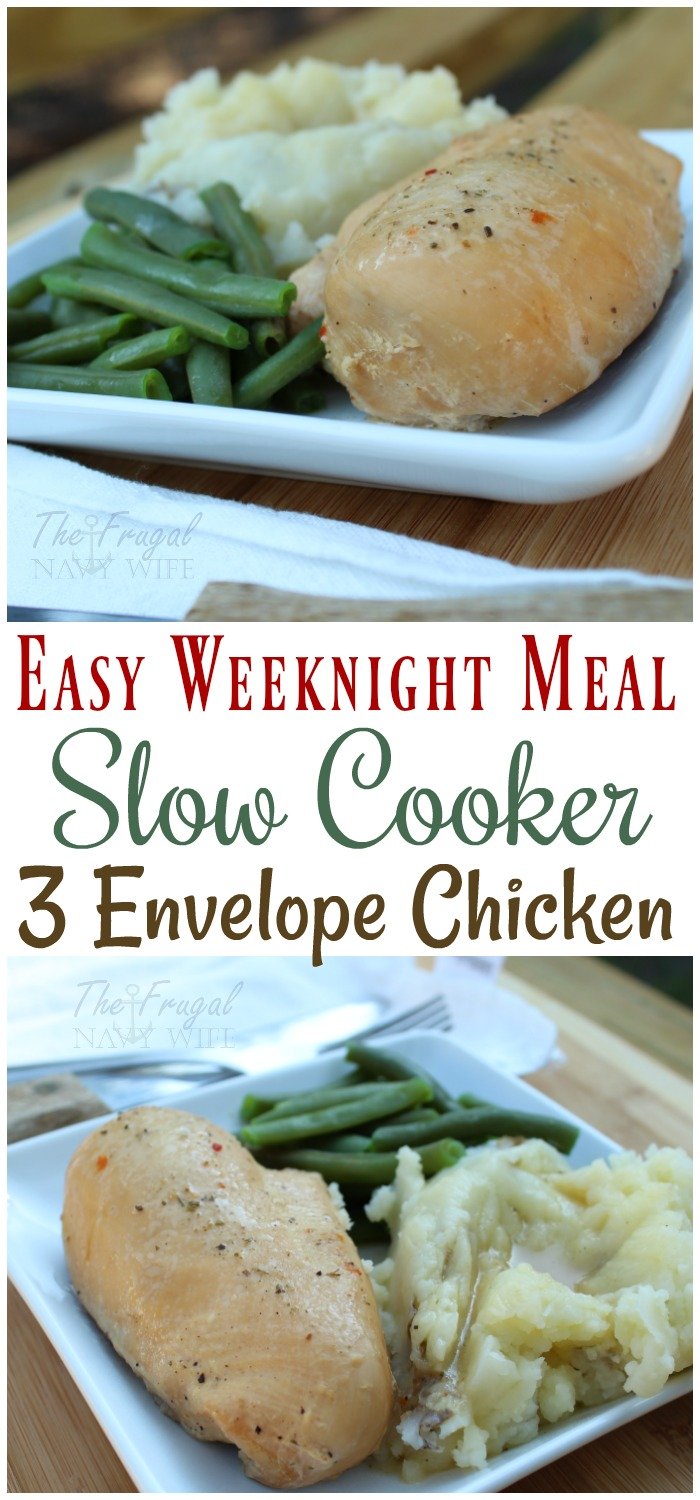 If you are looking for a super easy weeknight meal this 3 envelope slow cooker chicken recipe is perfect PLUS it is a great frugal recipe too!