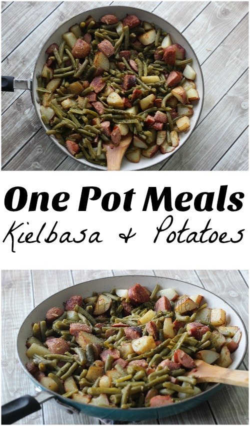 Kielbasa and potatoes in a skillet . One Pot Meals