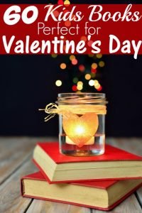 2 red books stacked with a sqaure votice candle and heart decoration. 60 Valentine's Day books for kids