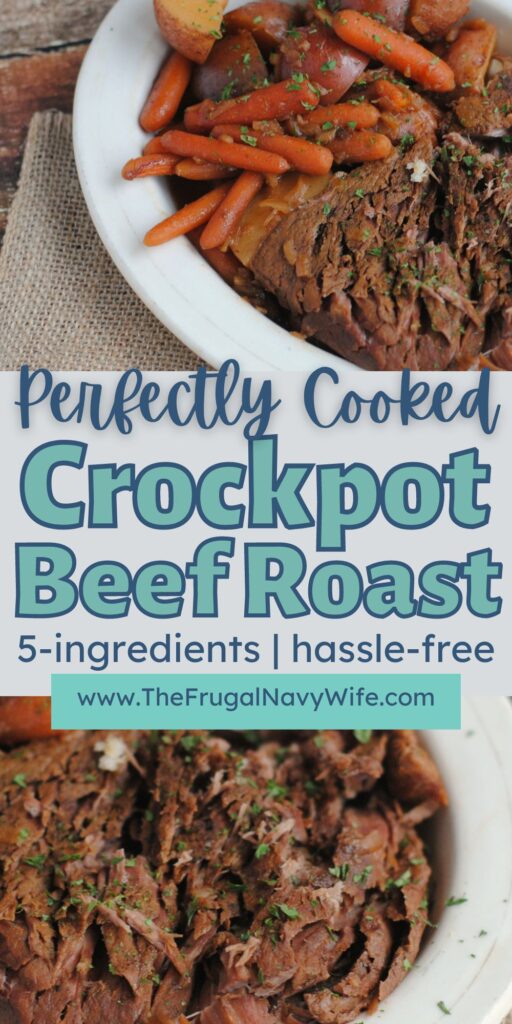 This crock pot beef roast features tender and juicy beef, accompanied by potatoes, carrots resulting in a mouthwatering roast. #beefroast #crockpot #easyrecipes #dinner #frugalnavywife #weeknightmeals | Dinner Recipes | Beef | Crockpot Recipes | Easy Meals | Weeknight Meals |