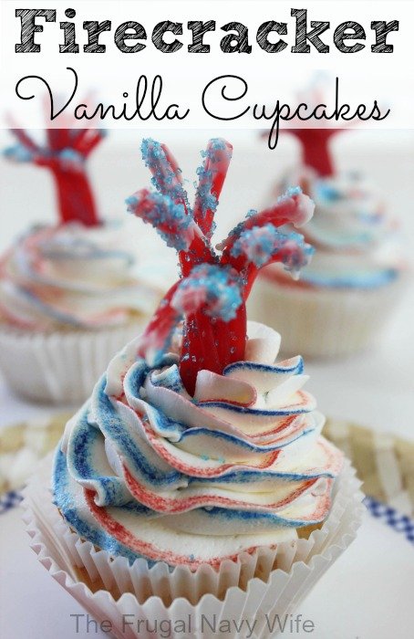 My kids love these firecracker cupcakes. I love that my friends and family think I'm some cupcake master when I make these! Really they are super simple! #cupcakes #patriotic #frugalnavywife #redwhitebluefoods #desserts #easyrecipe | Cupcake Recipes | Firecracker Cupcakes | Patriotic Foods | Red White and Blue Food | Easy Dessert Recipes | Desserts