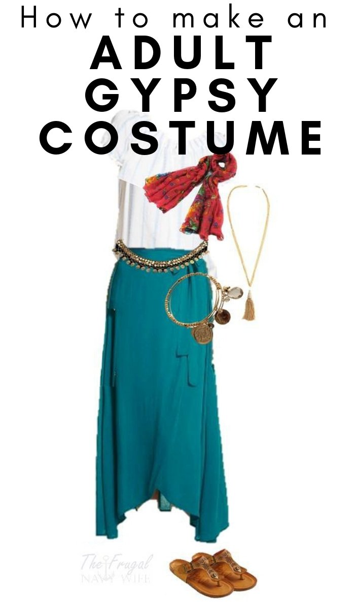 I love costumes from everyday clothes like this Womens Gypsy Halloween Costume. Stop spending hundreds of dollars on costumes you can make from your closet. #halloween #gypsycostume #adultcostume #frugalnavywife | Halloween Costumes | Adult Halloween Costume | DIY Halloween Costume