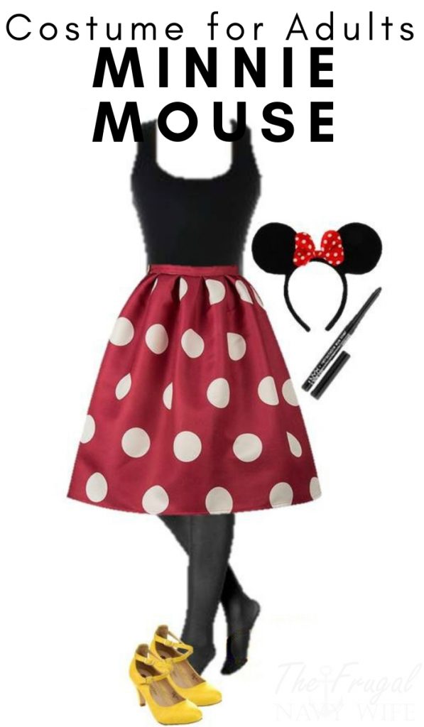 Here is an easy DIY Minnie Mouse Halloween costume for adults made from everyday clothes. You have a Halloween Costume already in your closet! #minniemouse #halloweencostume #adultcostume #frugalnavywife | Halloween Costumes for Adults | Disney Adult Costumes |Frugal Adult Halloween Costumes |