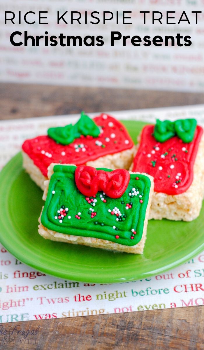 These Rice Krispie Treats Christmas Presents a hit at the Christmas parties and the kids love them! You can get really fancy and add all sorts of decor. #christmaspresents #ricekrispie #desserts #snacks #christmassnacks #frugalnavywife | Christmas Snacks | Easy Classroom Snacks for Christmas | Dessert Recipe | Snacks Recipe | Rice Krispie Treats |