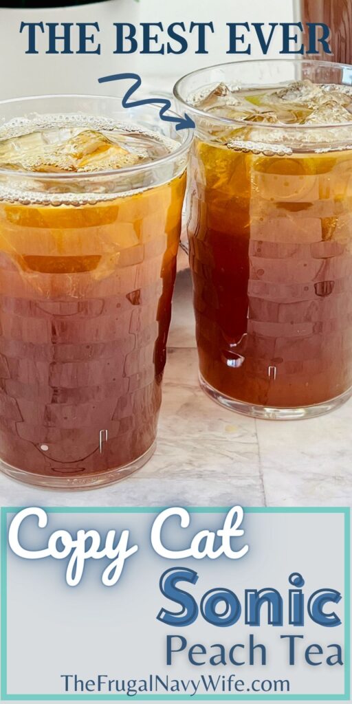 Cool down with a sweet and refreshing Copy Cat Sonic Peach Tea that's sure to keep you feeling refreshed on even the hottest of days. #copycatrecipe #sonicsweettea #peachtea #drink #frugalnavywife #summerdrink #easyrecipe | Copy Cat Sonic Sweet Tea | Drink Recipes | Peaches | Summer Recipes | Easy Drink Recipes |