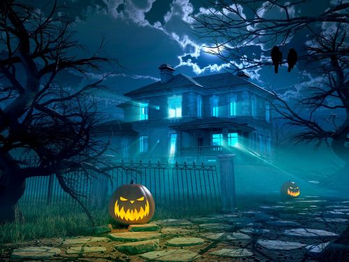 Halloween night background with scary house. 3d rendering