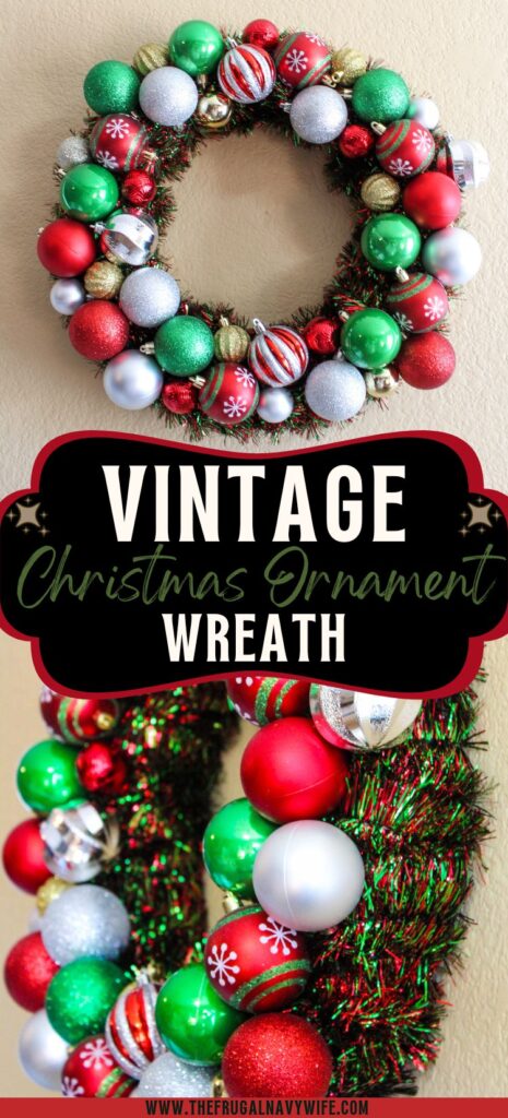 Making a Vintage Ornament Wreath for Christmas is a great way to use old ornaments in a way that is fresh and exciting. #christmas #wreath #diy #frugalnavywife #vintage | Christmas Wreaths  | Christmas DIY | Vintage Christmas | Christmas Decor | Wreath Ideas | Home Decor for Christmas |