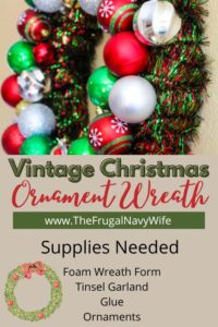 Making a Vintage Ornament Wreath for Christmas is a great way to use old ornaments in a way that is fresh and exciting. #christmas #wreath #diy #frugalnavywife #vintage | Christmas Wreaths | Christmas DIY | Vintage Christmas | Christmas Decor | Wreath Ideas | Home Decor for Christmas |
