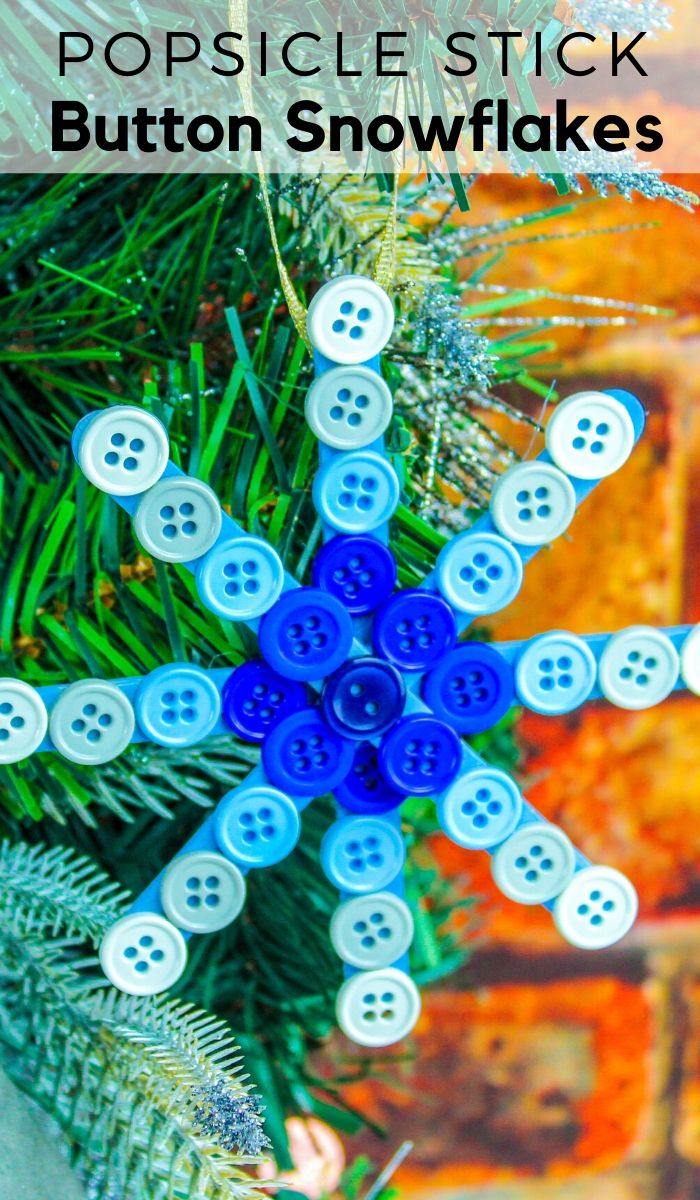 We have a massive amount of buttons so we used them to make this easy DIY Button Snowflake. These popsicle stick snowflake crafts are so much fun! #frugalnavywife #wintercraft #popsiclestickcraft #snowflakecraft #easykidscraft | Popsicle Stick Crafts | Button Snowflakes | Popsicle Stick Snowflakes | Easy Kids Crafts | Easy Winter Crafts |