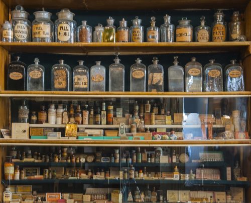 Empty scent bottles in old pharmacy
