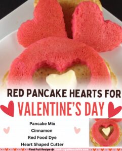 Make these red pancake hearts for Valentine's Day! They even have a special ingredient to put it over the top, come find out what it is! #frugalnavywife #pancakes #breakfast #easyrecipe #heartpancakes #yummy | Easy Breakfast Recipe | Heart Pancake Recipes | Pancake Recipes | Heart Shaped Food | Red Foods | Valentine's Day Breakfast Ideas |