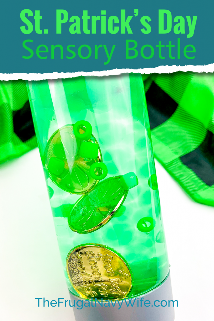 I like simple and easy kids' activities. We love this St. Patrick's Day Sensory Bottle for more reasons than one. #frugalnavywife #stpatricksday #sensorybottle #easykidsactivity #kidscrafts | Easy Kids Activity | Easy Kids Craft | Sensory Bottle | Calming Bottle Ideas | St. Patrick's Day Activities | St. Patrick's Day Crafts for Kids |