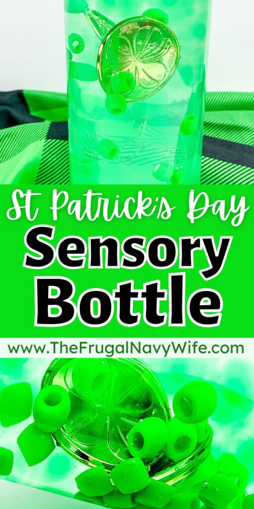 I like simple and easy kids' activities. We love this St. Patrick's Day Sensory Bottle for more reasons than one. #frugalnavywife #stpatricksday #sensorybottle #easykidsactivity #kidscrafts | Easy Kids Activity | Easy Kids Craft | Sensory Bottle | Calming Bottle Ideas | St. Patrick's Day Activities | St. Patrick's Day Crafts for Kids |