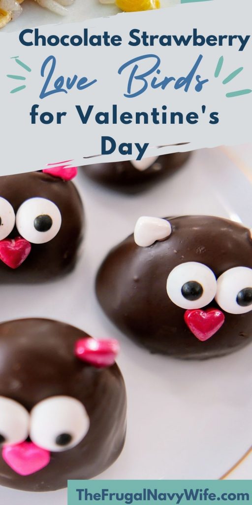 Looking for a fun treat to make with your kids for Valentine's Day? These simple but adorable chocolate strawberry love birds are perfect. #strawberries #valentinesday #lovebirds #frugalnavywife #dessert | Chocolate Dessert | Strawberries | Love Birds | Frugal Navy Wife | Valentine's Day | Kids |