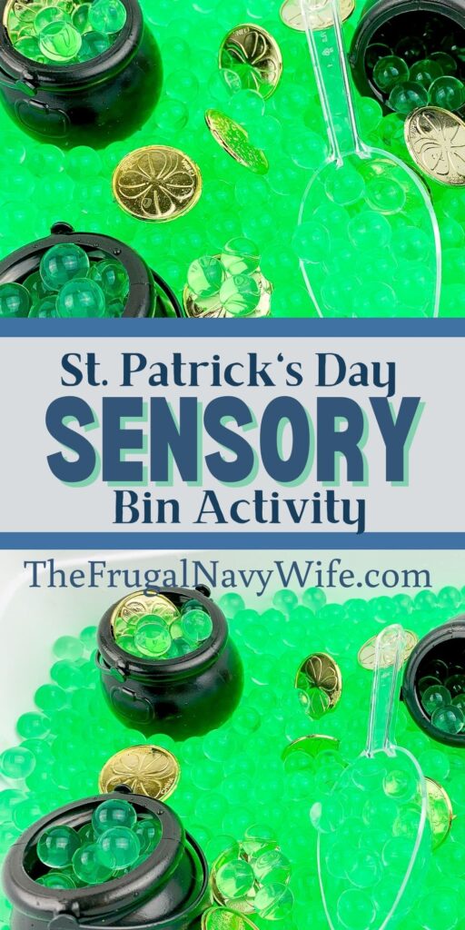 Do you have kiddos that love sensory bins, or want to try one out for the first time? This St. Patrick's day Sensory Bin is so fun! #sensorybin #kids #fun #homemade #frugalnavywife #stpatricksday | Kids Activity | Create Sensory Bin | Homemade Activity | Do It Yourself | Frugal Navy Wife | Sensory Bin |