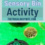 Do you have kiddos that love sensory bins, or want to try one out for the first time? This St. Patrick's day Sensory Bin is so fun! #sensorybin #kids #fun #homemade #frugalnavywife #stpatricksday | Kids Activity | Create Sensory Bin | Homemade Activity | Do It Yourself | Frugal Navy Wife | Sensory Bin |