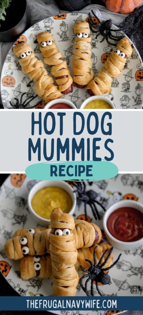 Looking for a spooky snack for Halloween? These hot dog mummies are sure to be a hit with the kids! They're easy and fun to make! #mummies #halloween #hotdog #frugalnavywife #spooky #appetizer #kidssnack #dinner | Hot Dog Mummies | Halloween | Appetizer | Party | Snack | Kids | Dinner |