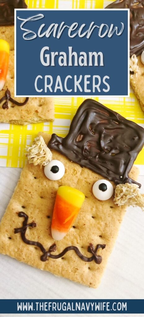 Looking for a fun snack to enjoy this Halloween? These scarecrow graham crackers are perfect for a tasty appetizer or just a fun snack. #halloween #snack #scarecrow #grahamcrackers #frugalnavywife #appetizer | Scarecrow Graham Crackers | Halloween | Snack | Dessert | Appetizer | Kids |