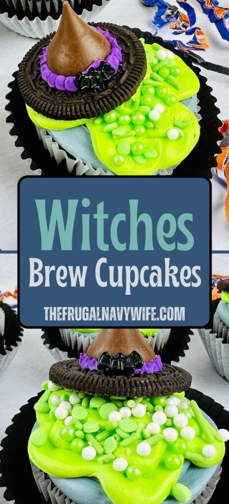 Witch's Brew Cupcakes are the perfect treat for your Halloween party! They're not only delicious but fun to make. #halloween #witches #dessert #cupcakes #frugalnavywife #witchesbrew | Witches Brew Cupcakes | Halloween | Dessert | Cupcakes | Witches |
