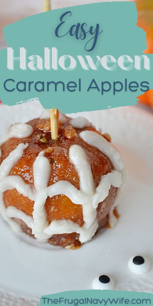 These Halloween Caramel Apples are hand-dipped in rich, creamy caramel and then covered in your choice of spooky Halloween toppings. #halloween #caramelapples #dessert #party #treat #kids #homemade | Halloween Caramel Apples | Homemade | Party | Dessert | Kids |