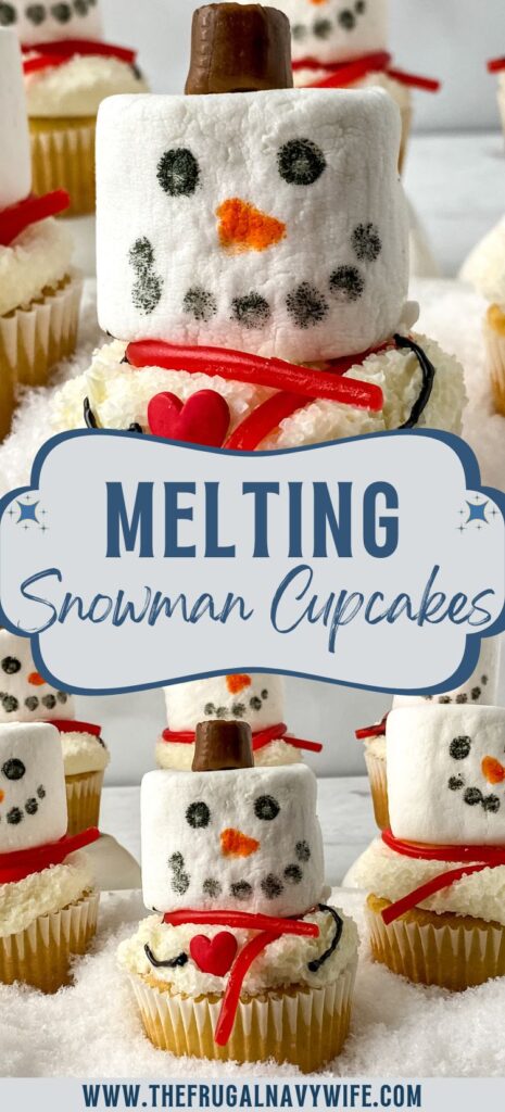 Who can resist a cute melting snowman cupcake? These fun cupcakes are perfect for any holiday event or gathering and they're so easy to make! #meltingsnowman #cupcakes #dessert #frugalnavywife #winter #easyrecipes #christmas | Melting Snowman Cupcakes | Winter | Desserts | Easy Recipes | Christmas |
