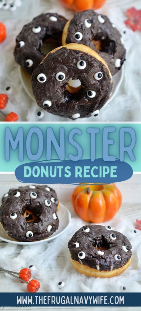 These monster donuts are made with delicious, fluffy dough, topped with icing and candy eyes. The kids will love them! #monsterdonuts #halloween #treats #dessert #snack #holiday #frugalnavywife #easyrecipe #kids | Halloween | Monster Donuts | Easy Recipes | Kids | Snack | Dessert | Halloween Treat |