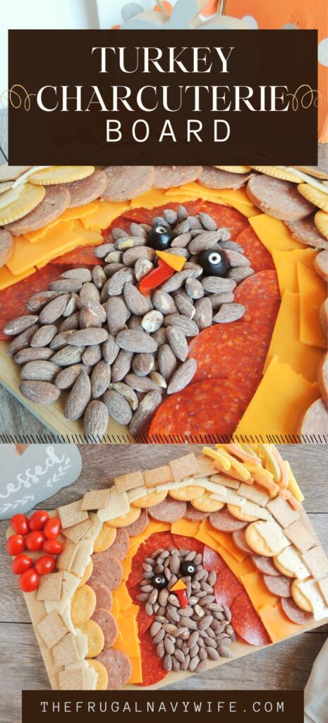 A turkey charcuterie board is perfect for serving up fall-inspired appetizers. Fill it with your favorite fixings and watch it be gobbled up! #charcuterieboard #fall #turkey #kids #frugalnavywife #appetizer #thanksgiving #easyrecipe | Turkey Charcuterie Board | Appetizer | Fall | Kid Friendly | Easy Recipes | Thanksgiving |