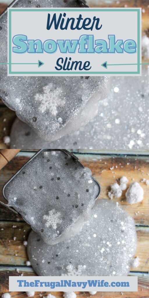 This winter snowflake slime craft is super easy and lots of fun. The best part is, you can make it as simple or as complex as you want. #winter #craft #snowflakeslime #slimerecipes #frugalnavywife #kids #artsandcrafts | Snowflake Slime | Winter Crafts | Crafts for Kids | Slime Recipes | Kids | Sensory |