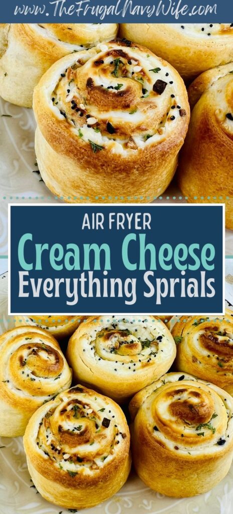 These Air Fryer Cream Cheese Everything Spirals are a delectable bite-sized appetizer that combines creamy filling with a savory exterior. #airfryer #creamcheese #everythingbagel #frugalnavywife #appetizer #easyrecipes #snack | Easy Recipes | Appetizer | Air Fryer Recipes | Savory |