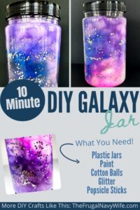 Create your own stunning DIY galaxy jar and bring the mesmerizing beauty of the universe to your home with this simple and fun craft. #diy #galaxyjar #craft #frugalnavywife #kids #arts #kidsactivity | DIY | Arts and Crafts | Kids | Galaxy Jar | Sensory | Kids Activity |