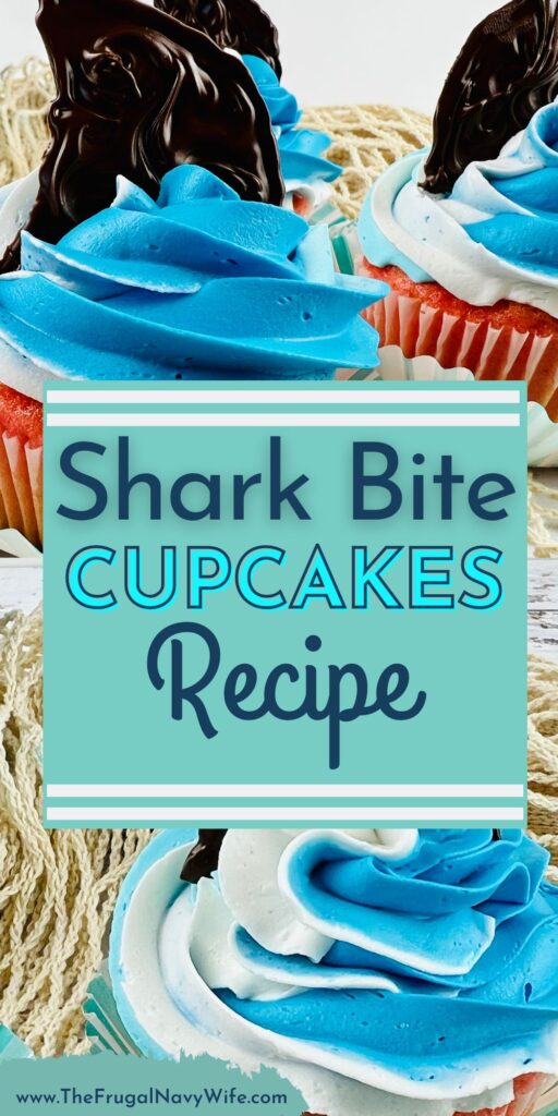 These cute and creative shark bite cupcakes are the perfect sweet treat for shark week or any summertime occasion. #sharkbite #cupcakes #dessert #frugalnavywife #baking #easyrecipe #kids #sharkweek | Shark Bite Cupcakes | Dessert Recipes | Shark Week | Baking | Summer | Beach Theme | Summer |