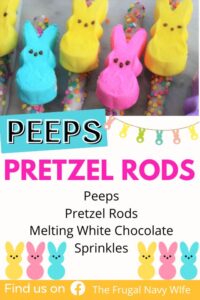 With their bright appearance these Peep Pretzel Rods are perfect for kids' parties, playdates, or as a special surprise for little ones. #peeps #pretzelrods #easter #snack #kids #holiday #frugalnavywife #easyrecipes | Peeps Pretzel Rods | Easter | Holiday | Snacks | Kids | Dessert | Treats |