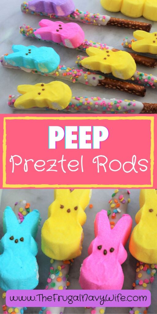 With their bright appearance these Peep Pretzel Rods are perfect for kids' parties, playdates, or as a special surprise for little ones. #peeps #pretzelrods #easter #snack #kids #holiday #frugalnavywife #easyrecipes | Peeps Pretzel Rods | Easter | Holiday | Snacks | Kids | Dessert | Treats |