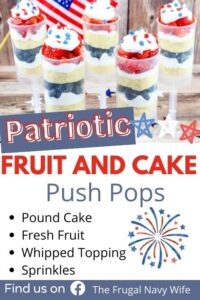 Perfect for holiday festivities, and picnics, these patriotic fruit and cake push pops offer a fun and delicious way to celebrate. #patriotic #fruitandcake #pushpops #holiday #frugalnavywife #summer #dessert #easyrecipe | Fruit and Cake Push Pops | Patriotic | Dessert | Easy Recipes | Summer |